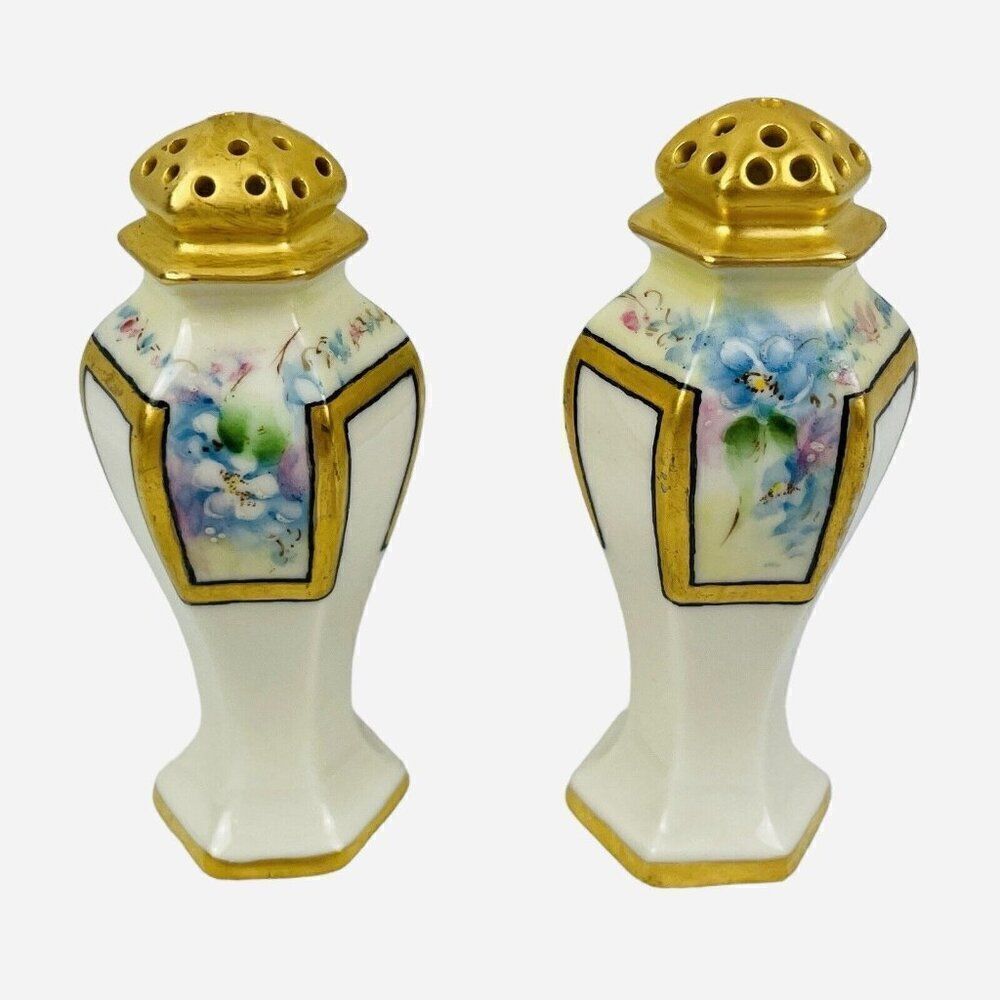 Antique 1900 Belleek Lenox Salt & Pepper Shakers Forget Me Nots Hand Painted Set